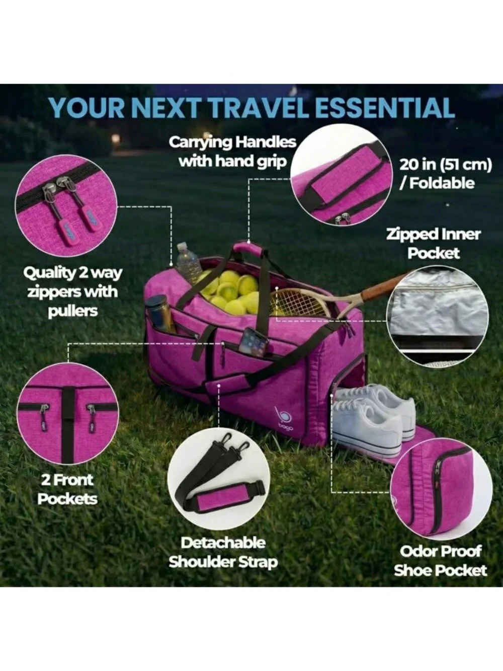Durable Lightweight 60L Duffle Bag for Travel | Foldable Weekender with Shoe